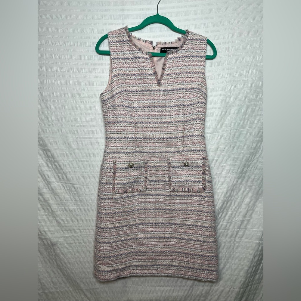 Karl Lagerfeld Light Pink and Blue Tweed Shift Dress Size 6